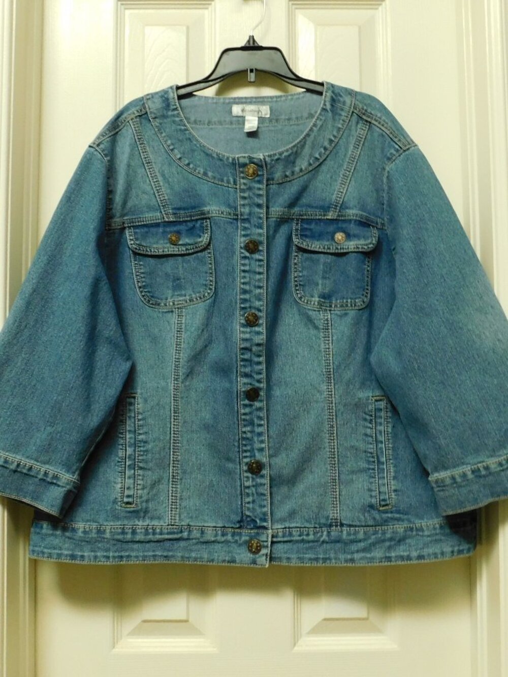 DRESSBARN Womens Blue Denim Jacket Snap Front 3/4 Sleeve Collarless Casual 22/24